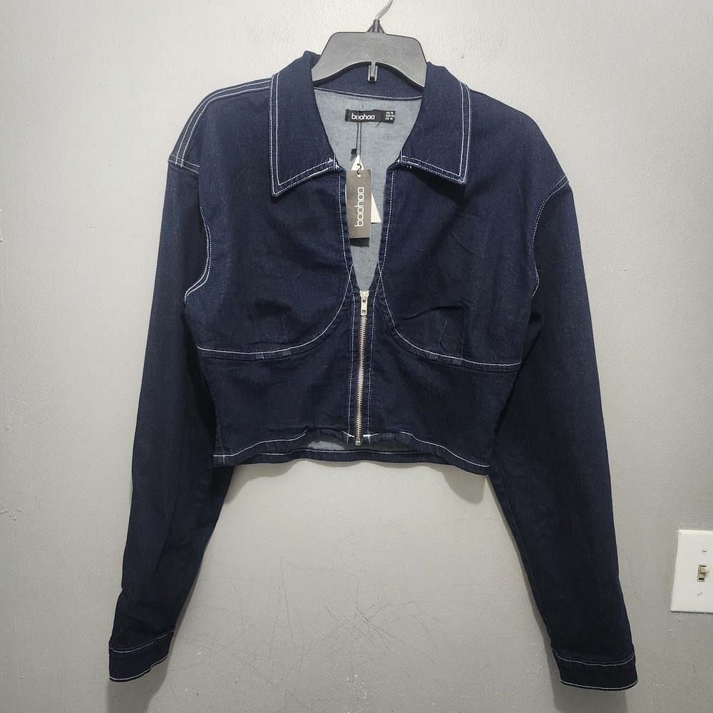 Boohoo Dark Blue Cropped Denim Corset Jacket Size 10